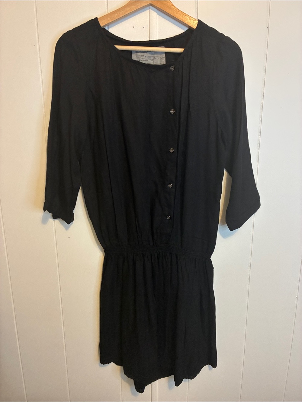 Black Button-Front Elastic-Waist Mini Dress
